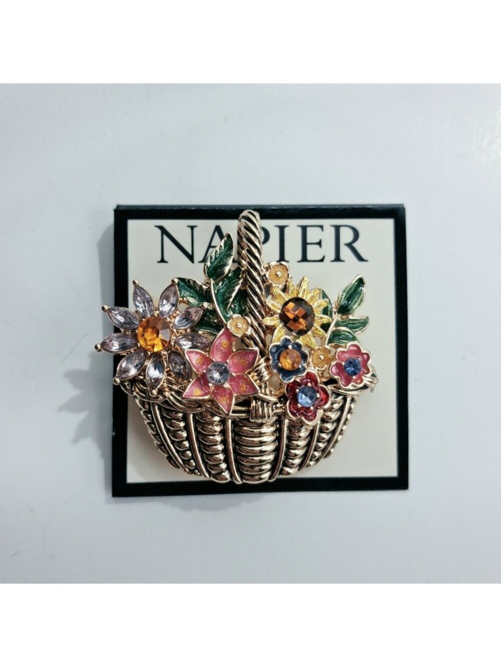 Napier Flower Basket Brooch Pin Gold Tone Enamel Rhinestone 3"